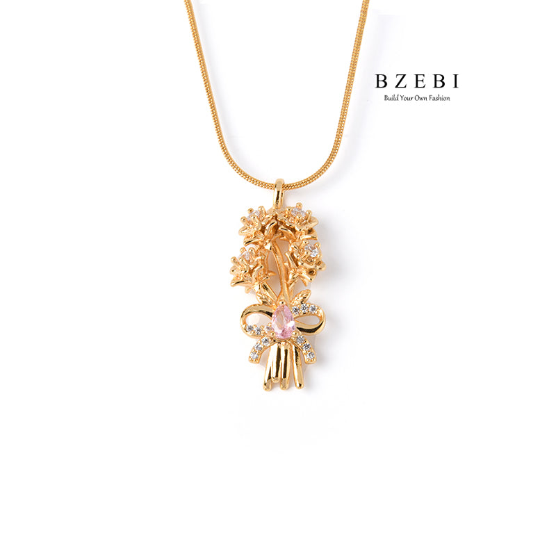 BZEBI 14K gold-plated cubic zirconia six-page flower necklace