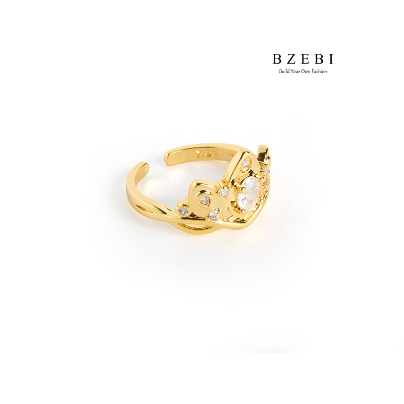 BZEBI New Trend 18K gold-plated opening adjustable micro-zircon double-layered Geometric Triangle Ring Jewelry Gift