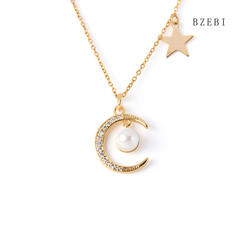 18k Gold Plated Cubic Zirconia Star and moon Necklace for Women with Box