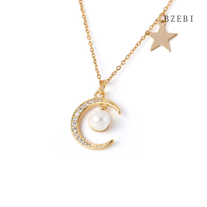 18k Gold Plated Cubic Zirconia Star and moon Necklace for Women with Box