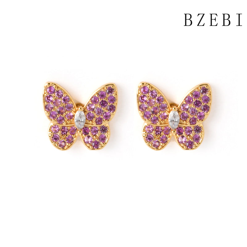 18k Gold Plated Cubic Zirconia Pink butterfly Stud Earrings for Women with Box