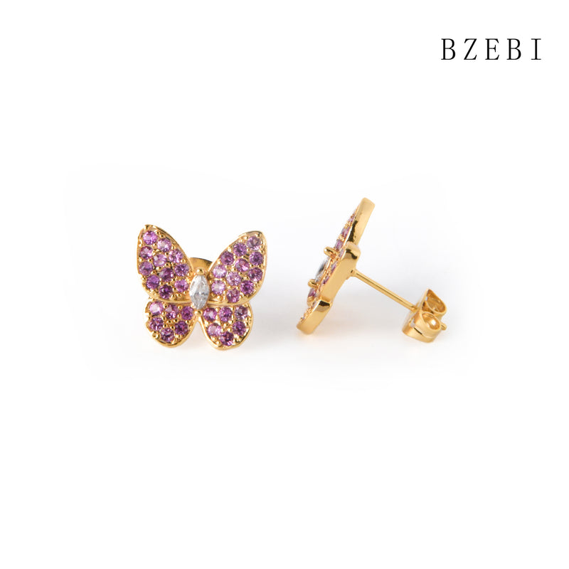 18k Gold Plated Cubic Zirconia Pink butterfly Stud Earrings for Women with Box