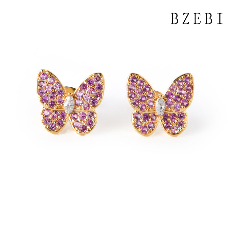 18k Gold Plated Cubic Zirconia butterfly Stud Earrings for Women with Box