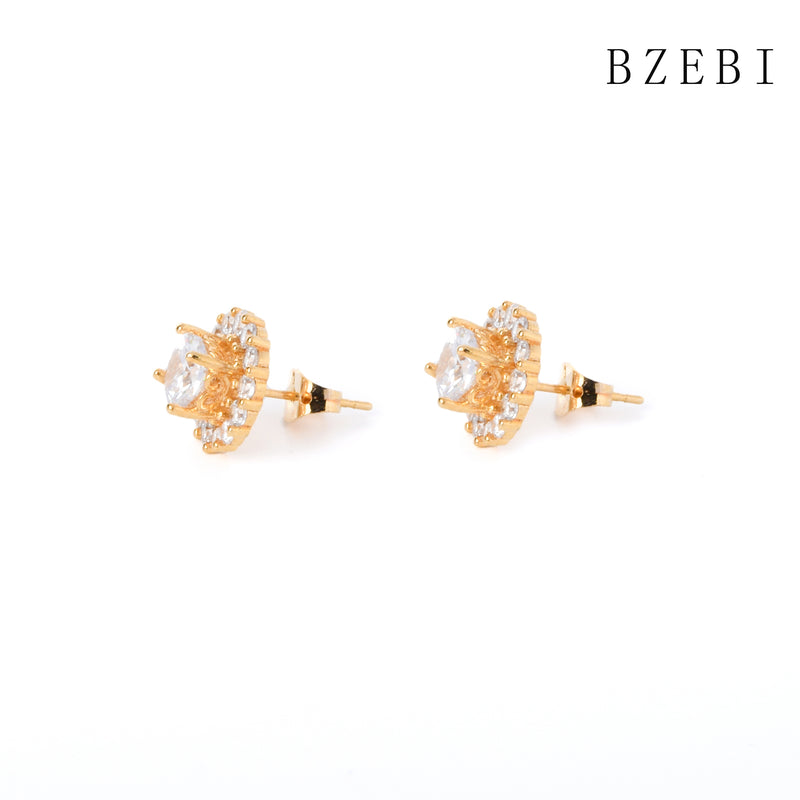 18k Gold Plated Cubic Zirconia flowers Stud Earrings for Women with Box