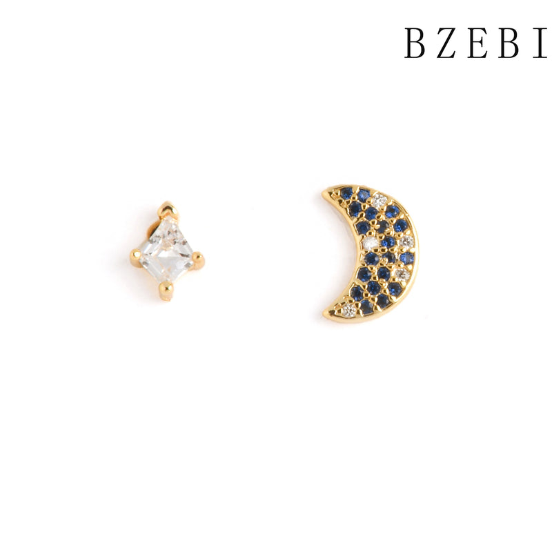 18k Gold Plated Cubic Zirconia Stars and moon Stud Earrings for Women with Box