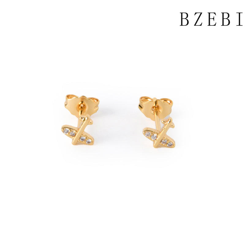 18k Gold Plated Cubic Zirconia plane Stud Earrings for Women with Box