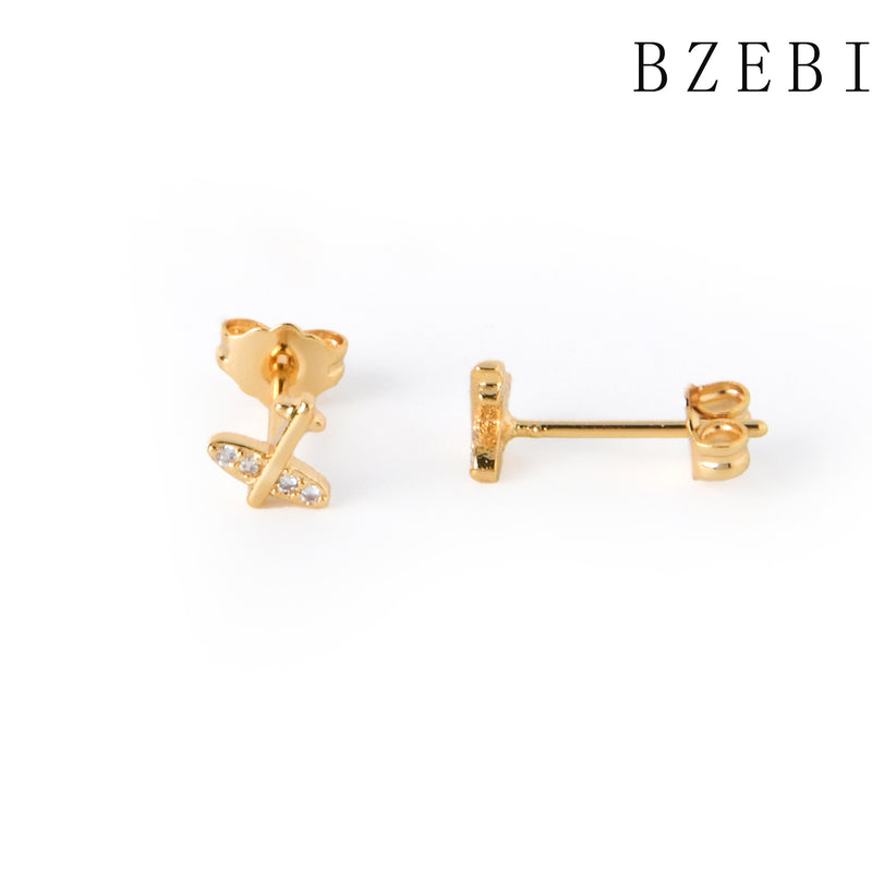 18k Gold Plated Cubic Zirconia plane Stud Earrings for Women with Box