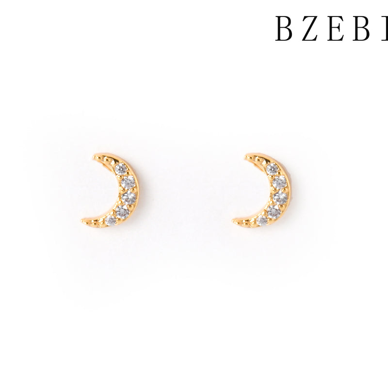 18k Gold Plated Cubic Zirconia moon Stud Earrings for Women with Box