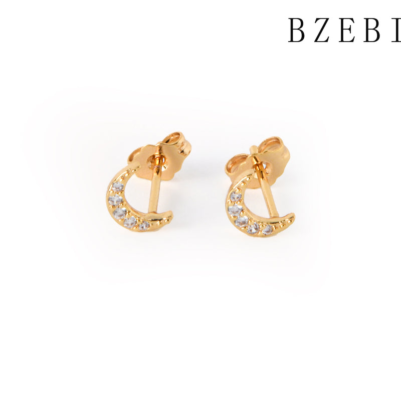 18k Gold Plated Cubic Zirconia moon Stud Earrings for Women with Box