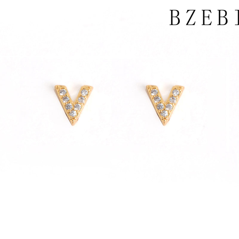 18k Gold Plated Cubic Zirconia v shape Stud Earrings for Women with Box