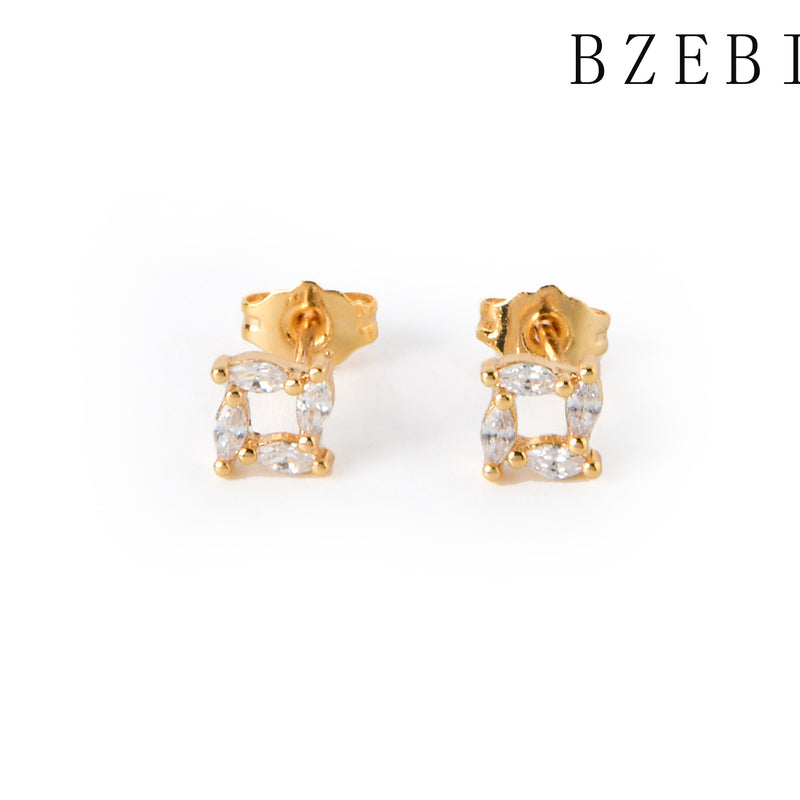 18k Gold Plated Cubic Zirconia Square hollow Stud Earrings for Women with Box