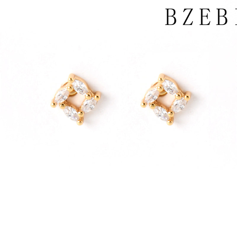 18k Gold Plated Cubic Zirconia Square hollow Stud Earrings for Women with Box