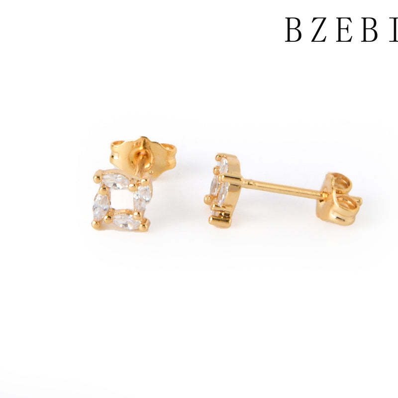 18k Gold Plated Cubic Zirconia Square hollow Stud Earrings for Women with Box