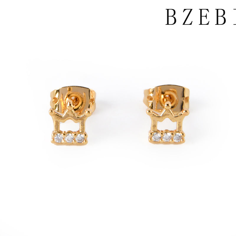 18k Gold Plated Cubic Zirconia crown Stud Earrings for Women with Box