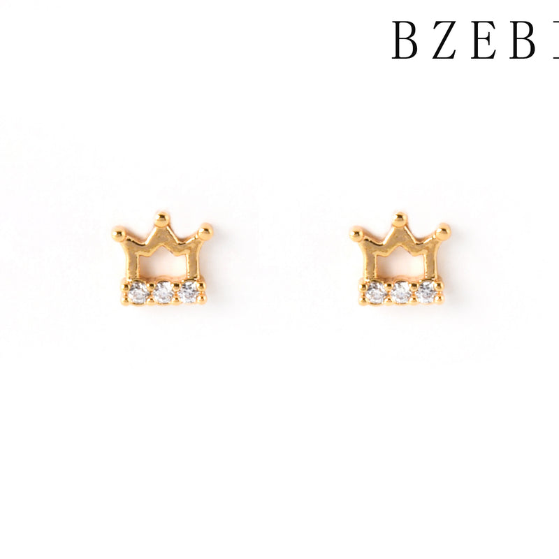 18k Gold Plated Cubic Zirconia crown Stud Earrings for Women with Box