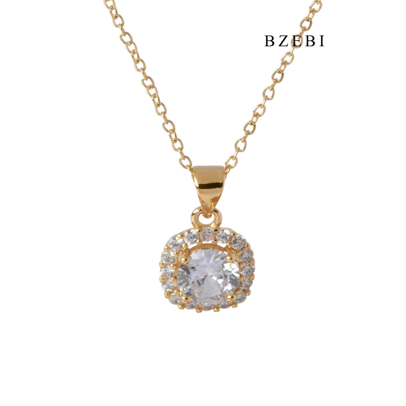 BZEBI New High Quality Stainless Steel Square ring gold plated claw inlaid with cubic zirconia design jewelry pendant necklace jewelry