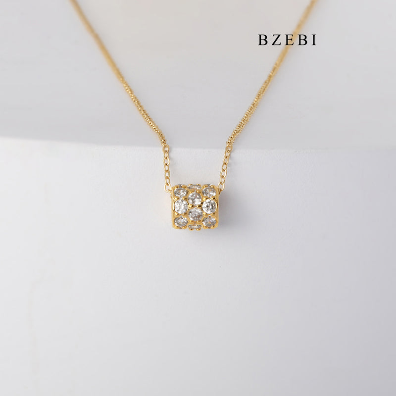 BZEBI Pendant Necklace 18K Stainless Steel Gold Plated personalized exquisite hollow cylindrical Diamond Pendant Necklace