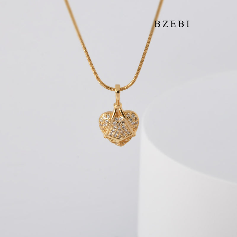 BZEBI New Design gold-plated 18k stainless steel heart-shaped cubic zirconia pendant necklace lady jewelry birthday gift