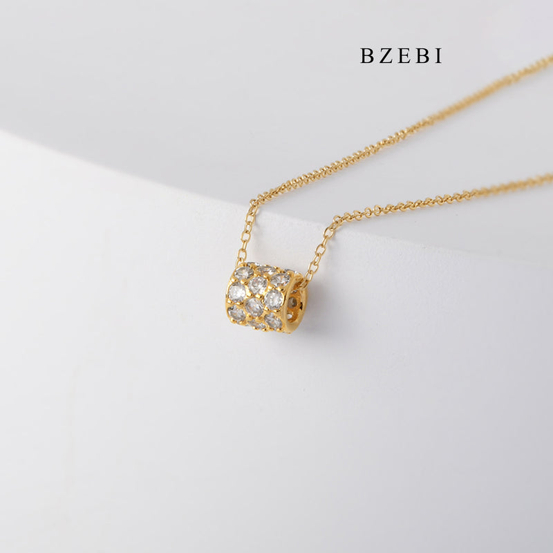 BZEBI Pendant Necklace 18K Stainless Steel Gold Plated personalized exquisite hollow cylindrical Diamond Pendant Necklace