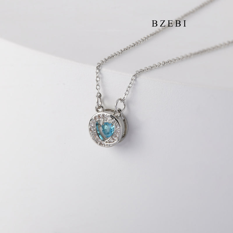 BZEBI NEW BEATING HEART S925 silver heart of the sea blue heart-shaped zircon pendant jewelry lady Necklace Birthday Party gift