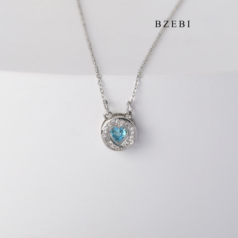 BZEBI NEW BEATING HEART S925 silver heart of the sea blue heart-shaped zircon pendant jewelry lady Necklace Birthday Party gift