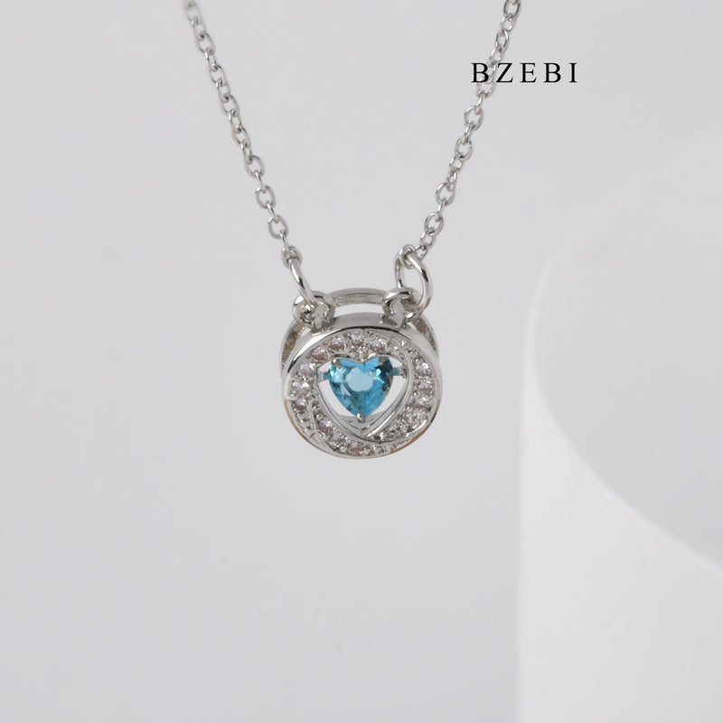 BZEBI NEW BEATING HEART S925 silver heart of the sea blue heart-shaped zircon pendant jewelry lady Necklace Birthday Party gift