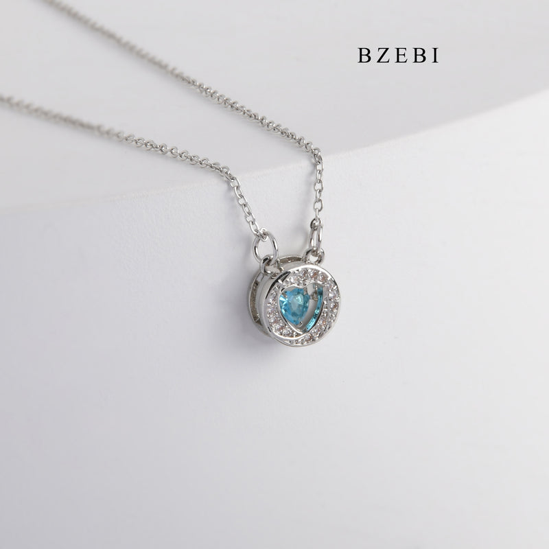 BZEBI NEW BEATING HEART S925 silver heart of the sea blue heart-shaped zircon pendant jewelry lady Necklace Birthday Party gift