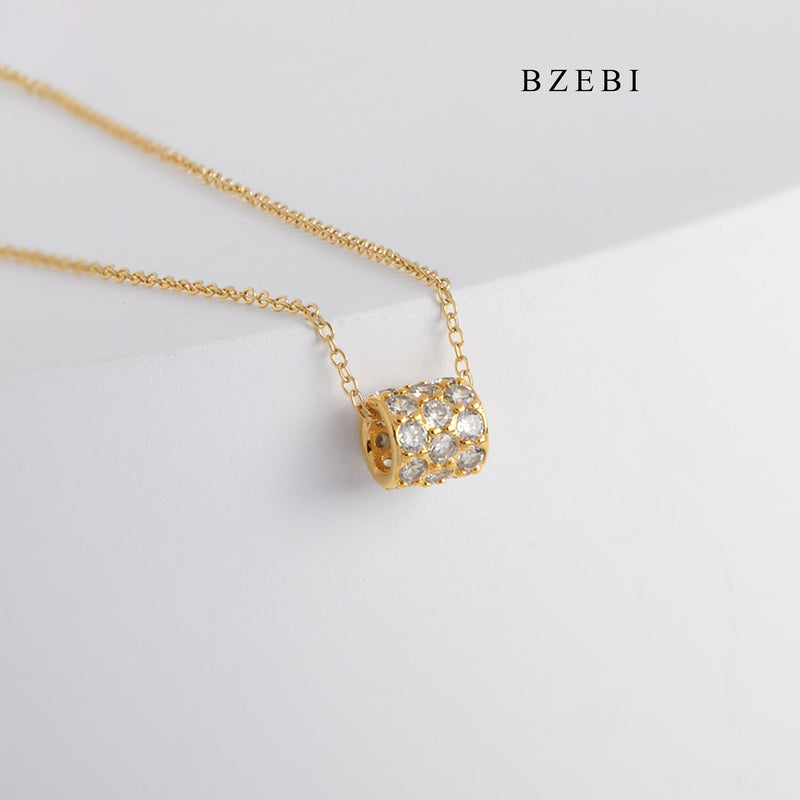 BZEBI Pendant Necklace 18K Stainless Steel Gold Plated personalized exquisite hollow cylindrical Diamond Pendant Necklace