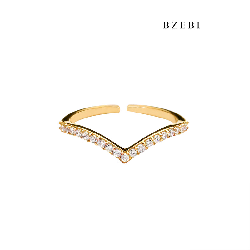 BZEBI Simple 18K stainless steel gold-plated personality v-shaped row set Zircon Diamond Ring Engagement Gift Jewelry Ring