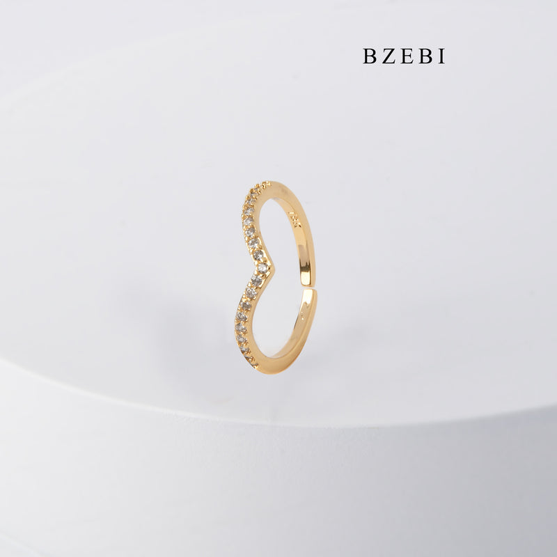 BZEBI Simple 18K stainless steel gold-plated personality v-shaped row set Zircon Diamond Ring Engagement Gift Jewelry Ring