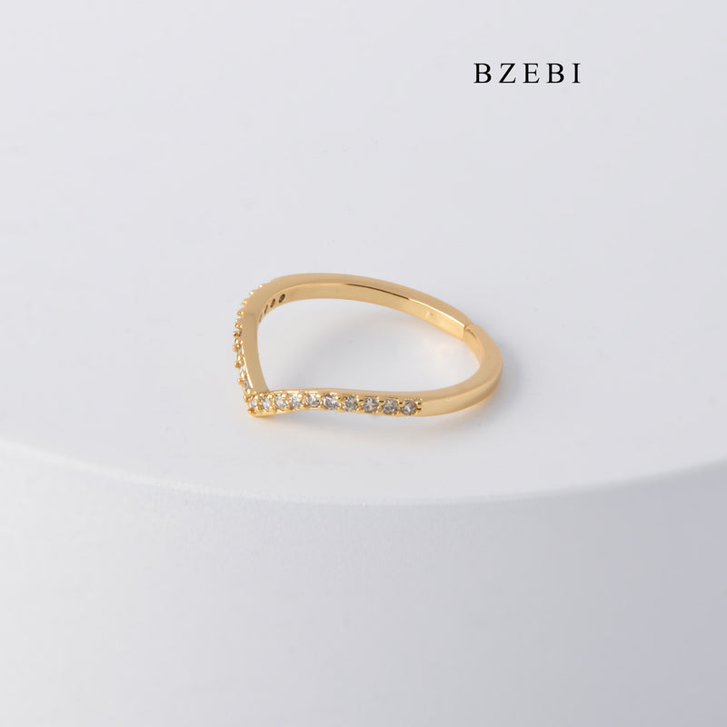 BZEBI Simple 18K stainless steel gold-plated personality v-shaped row set Zircon Diamond Ring Engagement Gift Jewelry Ring