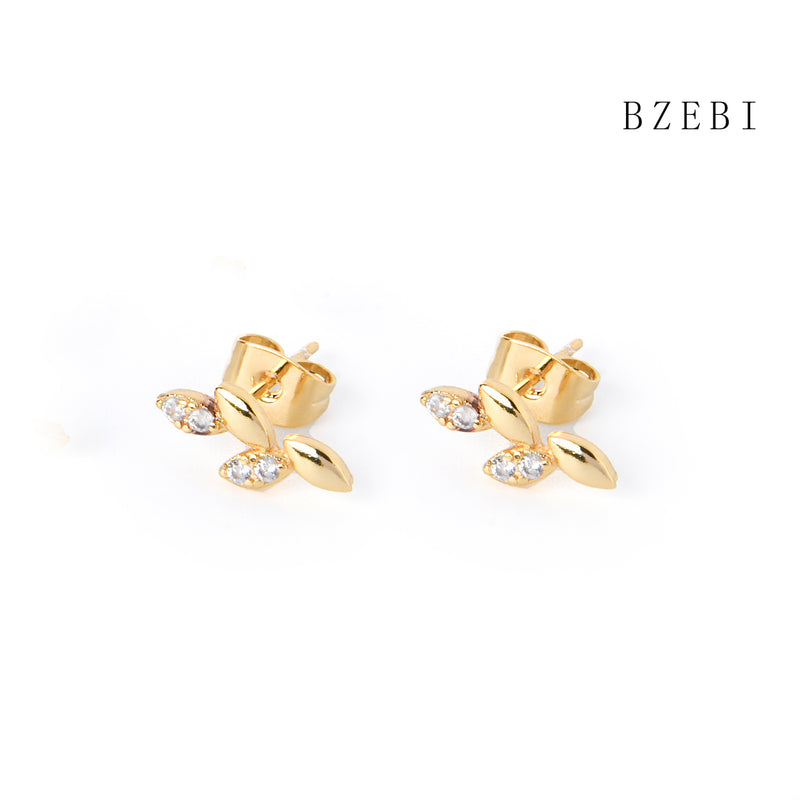 18k Gold Plated Cubic Zirconia leaves Stud Earrings for Women with Box