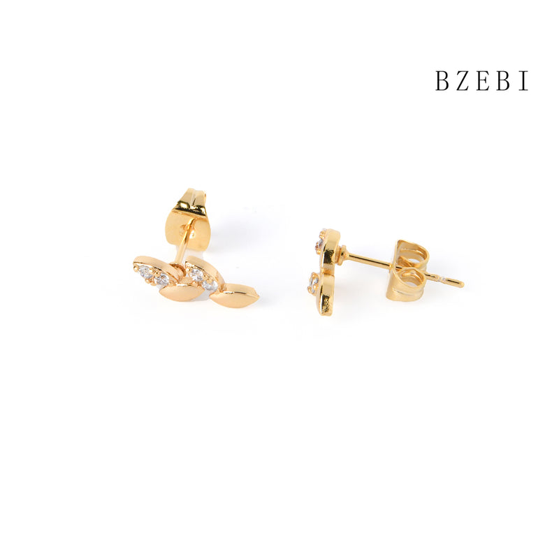 18k Gold Plated Cubic Zirconia leaves Stud Earrings for Women with Box