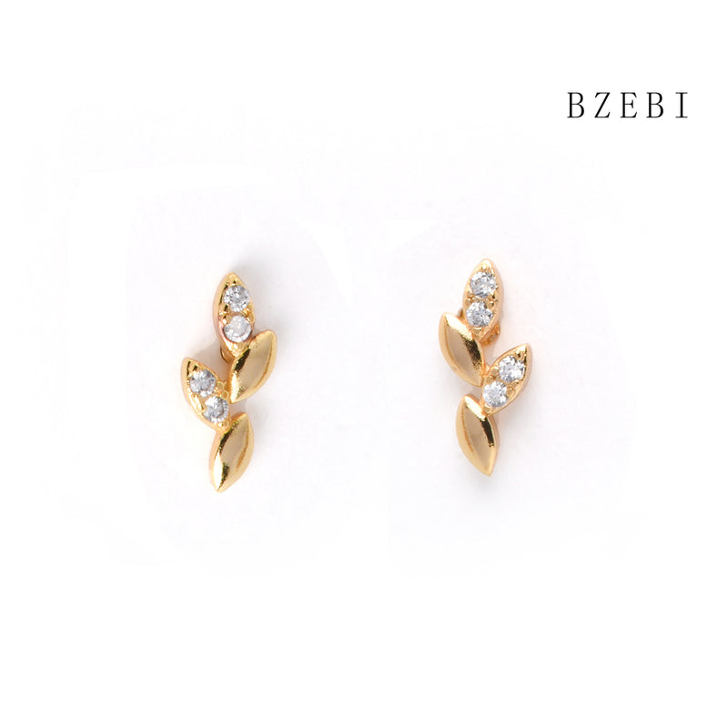 18k Gold Plated Cubic Zirconia leaves Stud Earrings for Women with Box