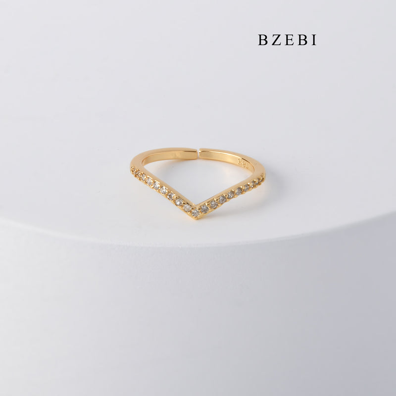 BZEBI Simple 18K stainless steel gold-plated personality v-shaped row set Zircon Diamond Ring Engagement Gift Jewelry Ring