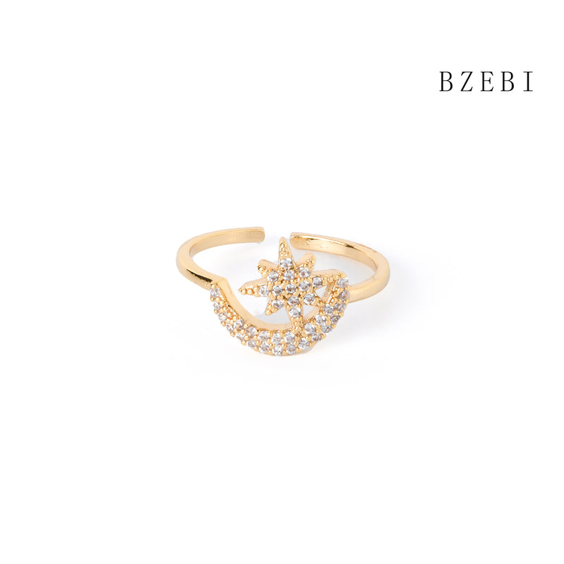 18k Gold Plated Cubic Zirconia Moon and stars Rings for Women with Box