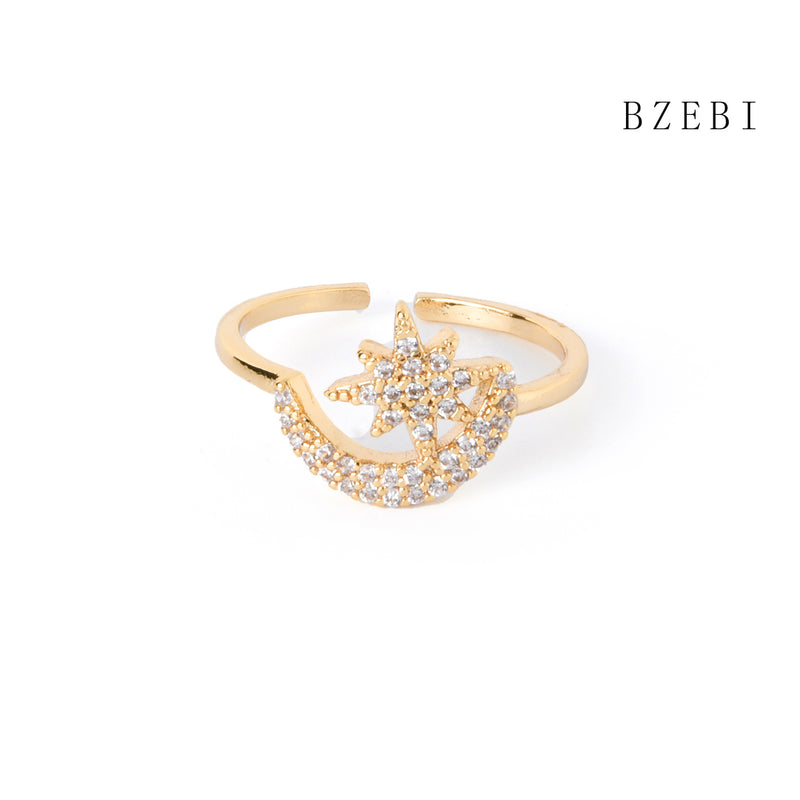 18k Gold Plated Cubic Zirconia Moon and stars Rings for Women with Box