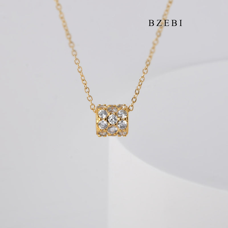 BZEBI Pendant Necklace 18K Stainless Steel Gold Plated personalized exquisite hollow cylindrical Diamond Pendant Necklace