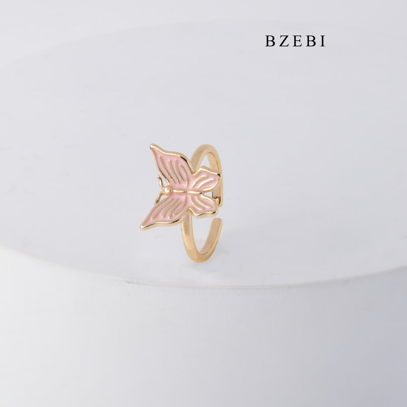 BZEBI New 18K stainless steel gold-plated pink butterfly ring accessories casual birthday party gift