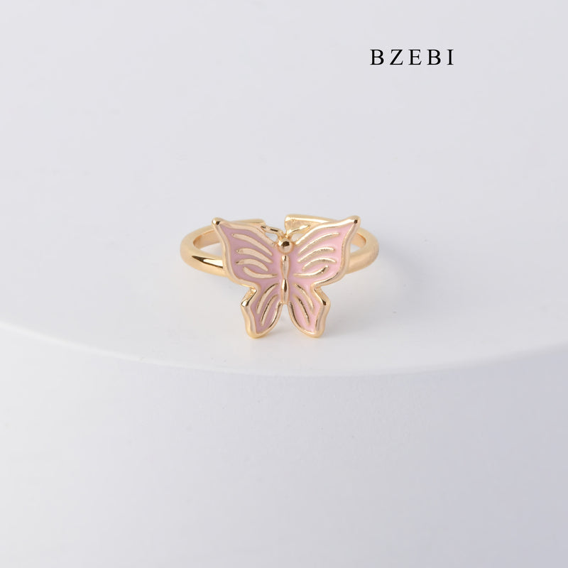 BZEBI New 18K stainless steel gold-plated pink butterfly ring accessories casual birthday party gift