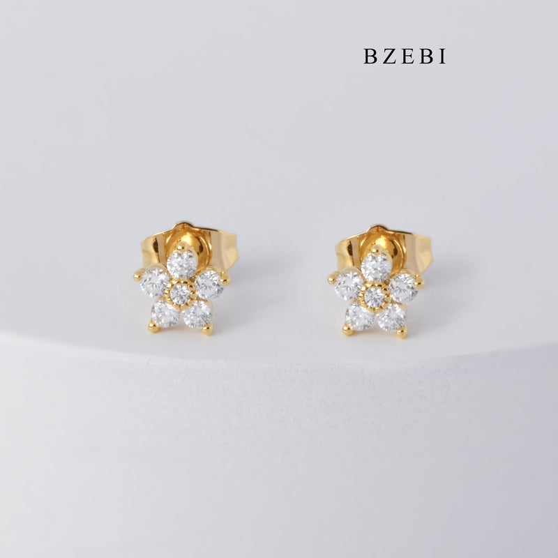 BZEBI Simple hot selling 18K gold plated diamond studded Earrings popular flower gold earrings earrings