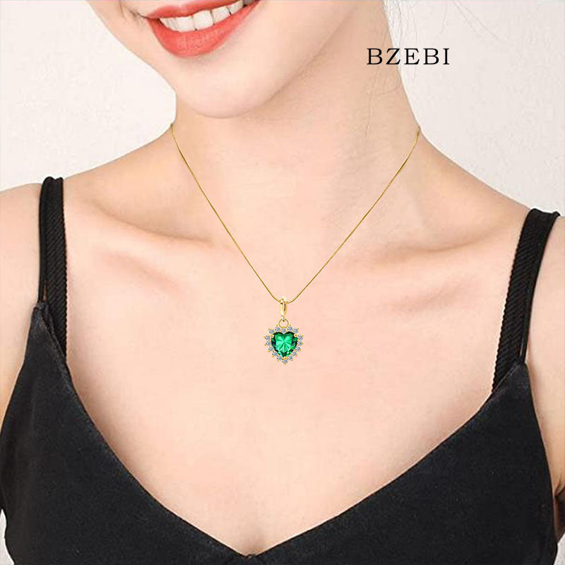 BZEBI 18K Gold Plated 5A Cubic Zirconia Heart Necklace(green)