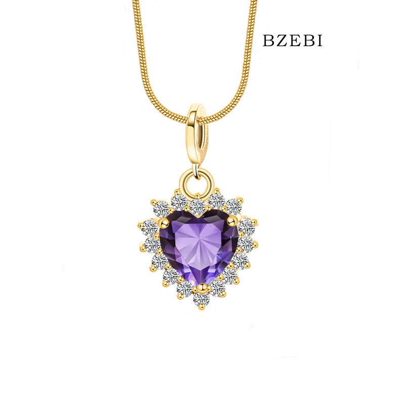 BZEBI 18K Gold Plated 5A Cubic Zirconia Heart Necklace(Purple)