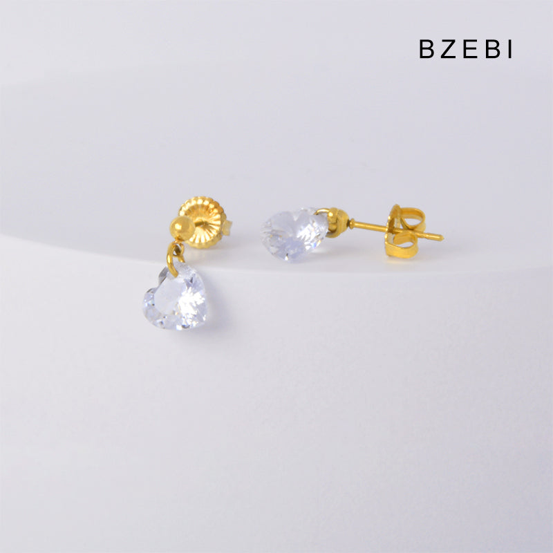 BZEBI 18k Gold Plated Heart Crystal Drop Earrings