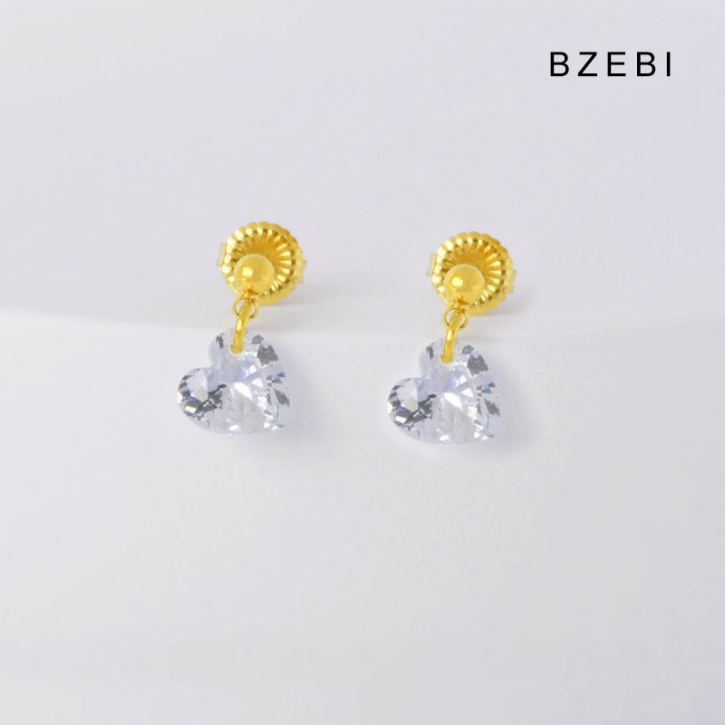 BZEBI 18k Gold Plated Heart Crystal Drop Earrings