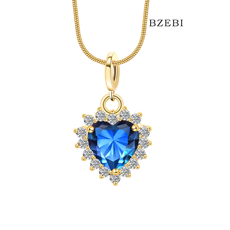 BZEBI 18K gold-plated 5A cubic zirconia heart-shaped necklace (Royal Blue)