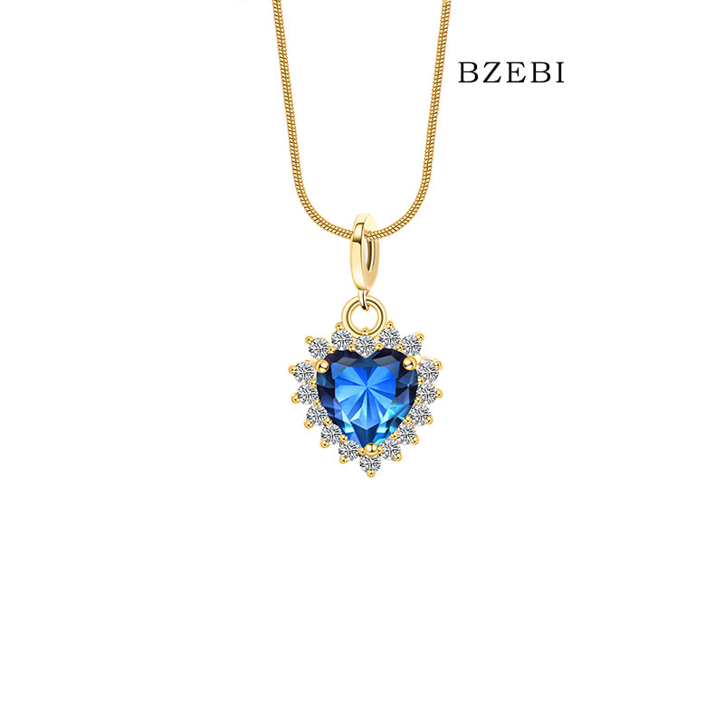 BZEBI 18K gold-plated 5A cubic zirconia heart-shaped necklace (Royal Blue)