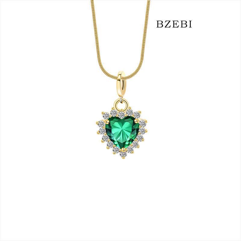 BZEBI 18K Gold Plated 5A Cubic Zirconia Heart Necklace(green)