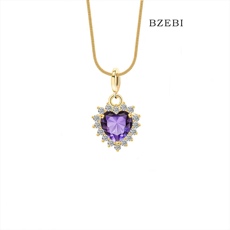 BZEBI 18K Gold Plated 5A Cubic Zirconia Heart Necklace(Purple)