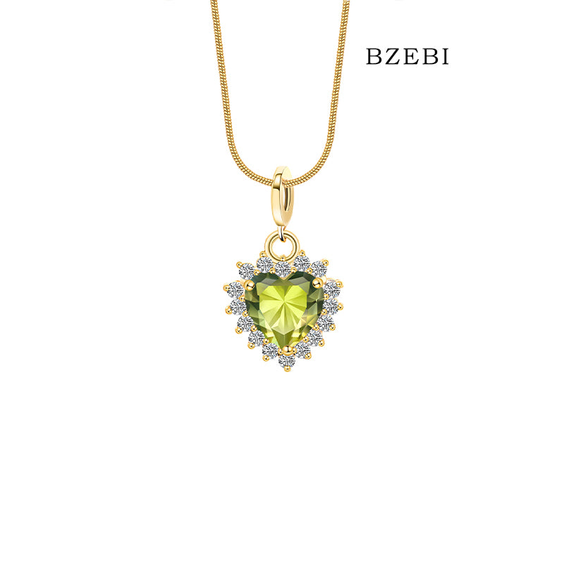 BZEBI 18K Gold Plated 5A Cubic Zirconia Heart Necklace Peridot Green